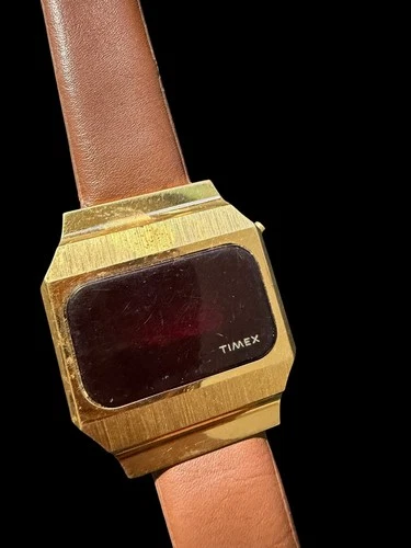 New ListingVintage TIMEX Gold Tone Digital LED Watch Brown Imitation Leather Band Retro