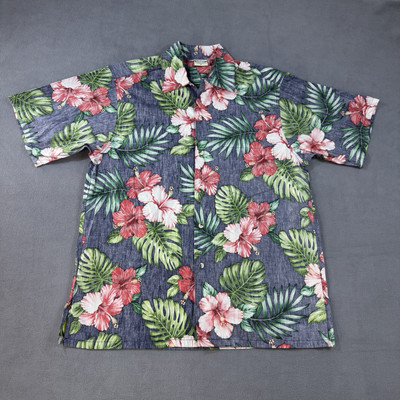 Go Barefoot Shirt Mens Medium Blue Hawaiian Floral Loop Collar Made In USA NEW