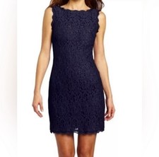 ADRIANNA PAPELL Navy Lace Overlay Boatneck Sheath Dress Sz 4