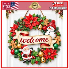 Christmas Welcome Wreath for Front Door Vintage Santa Wooden Hanging Decor