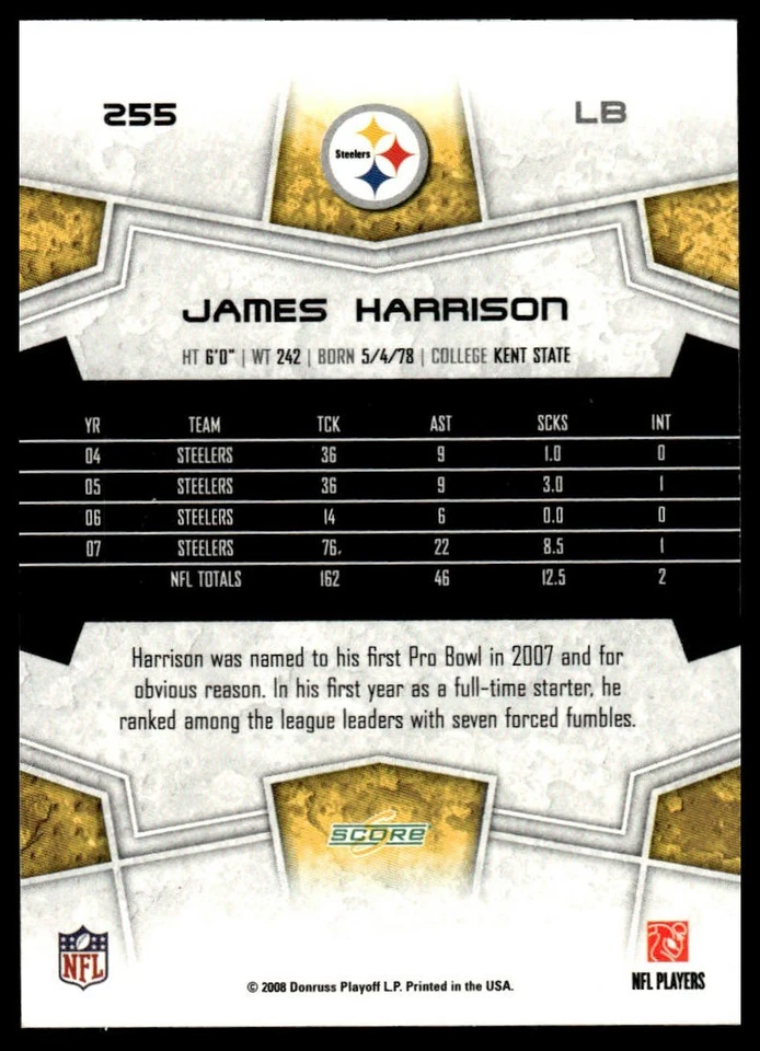 2008 Score #255 James Harrison - Image 2 of 2
