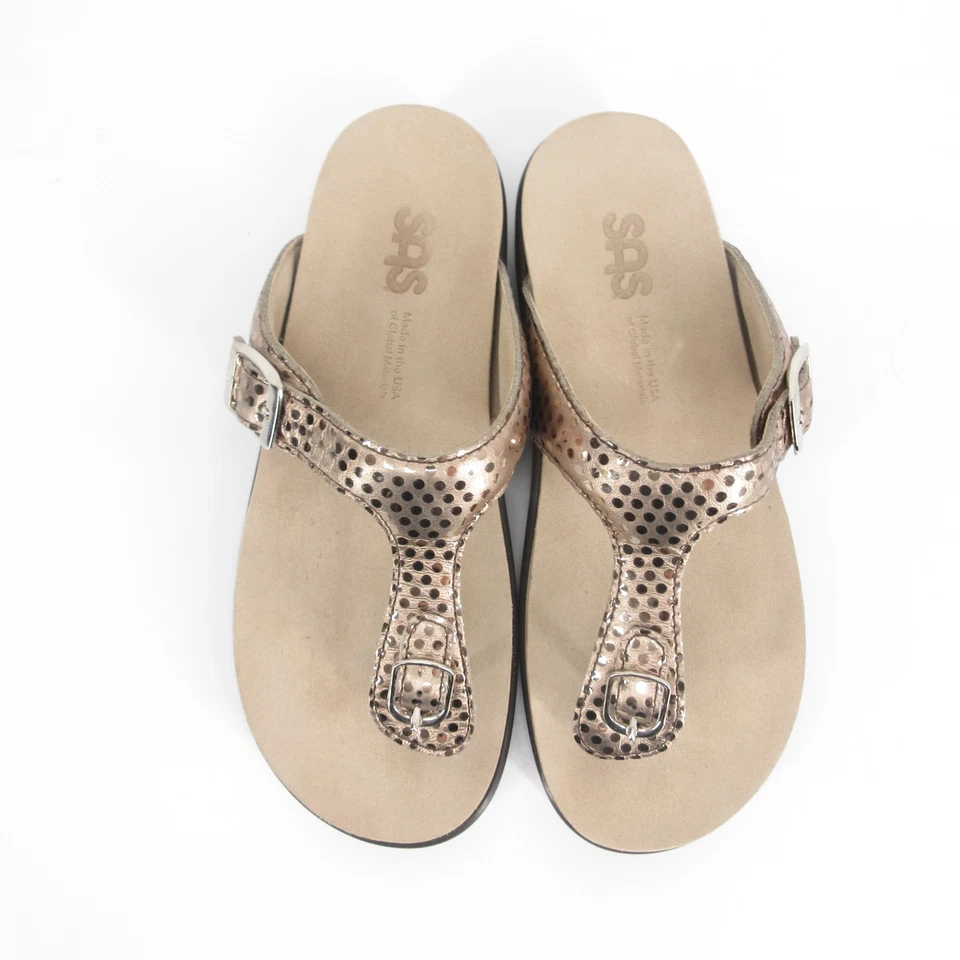 SAS Marina T-Strap Sandals Womens 8 M Gold Polka Dots Buckle Thong Wedge - Image 3 of 4