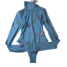 NWT BSR By Sami Miro Blue Long Sleeve Smile Print Mesh Turtleneck Bodysuit Small