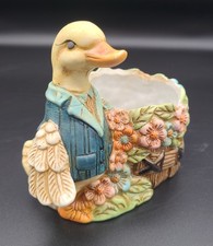 Ceramic Spring  Duck Planter wearing Blue Jacket Flowers in a basket Cute Granny