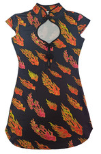 Public Desire Women Flame Print Mini Dress Keyhole Mandarin Collar Size S Black