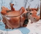 Vintage McCoy Pottery Brown Cow with Cat on Back - Brush USA W 10 Cookie Jar