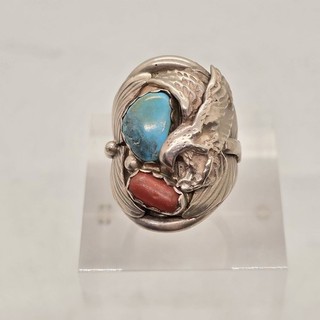 Signed L H Sterling Silver Turquoise And Coral Eagle Large Men's Ring Size 10