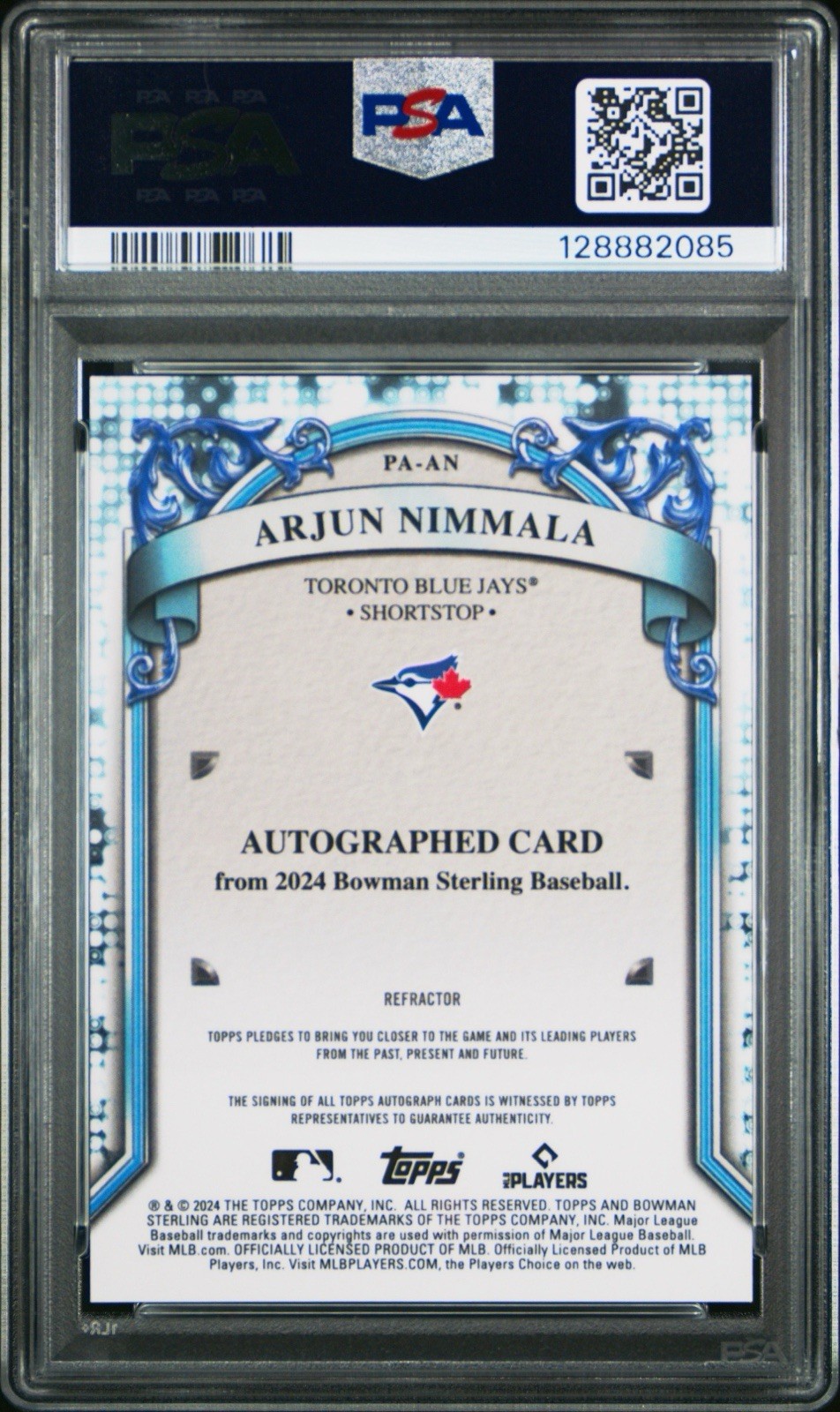 2024 Bowman Sterling - Prospect Autographs Arjun Nimmala #PA-AN Refractor PSA 10 view 2