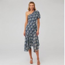 ASTR The Label Santroini Blue Green Floral One Shoulder Midi Dress Large
