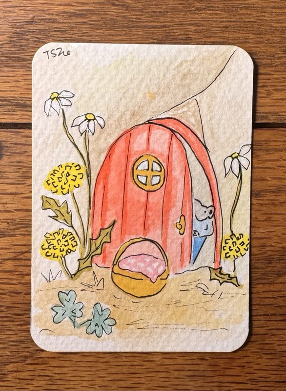 ACEO Original, Mouse House, Watercolor Painting, 2.5x3.5