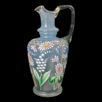 Antique Baby Blue Glass Pitcher Hand Painted Enamel Daisies Applied Handle EC 