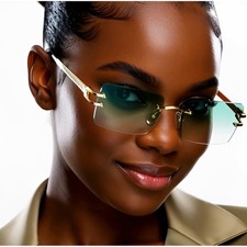 Vintage Green Tint Gold Frame Rimless Shades Retro Rectangular Women Sunglasses