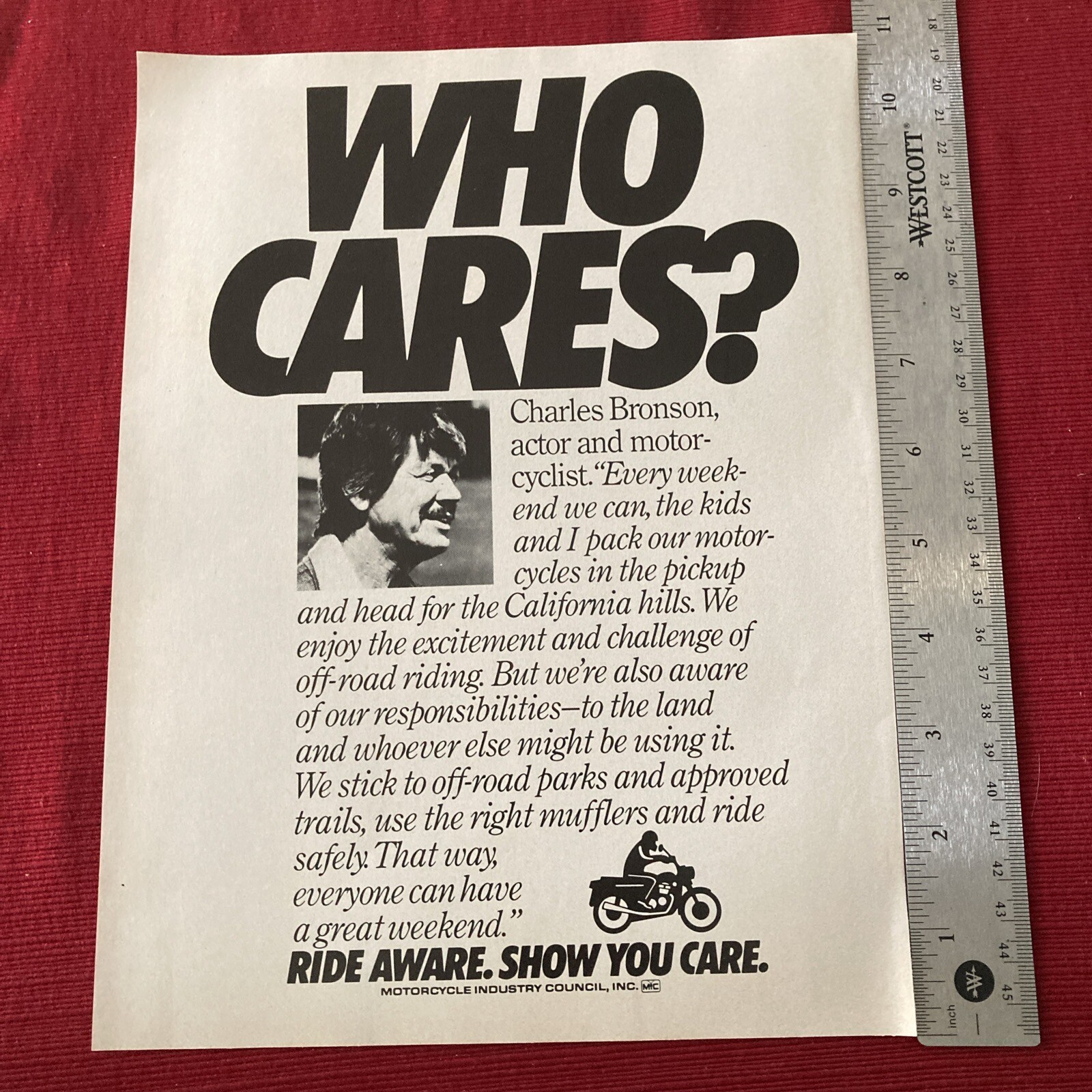 Actor Charles Bronson Motorcycle Safety 1983 Print Ad - Great To Frame!