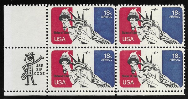 18 centavos 1974 #C87 Estatua de la Libertad Correo Aéreo Cremallera Bloque de 4, MNH.  (1172)