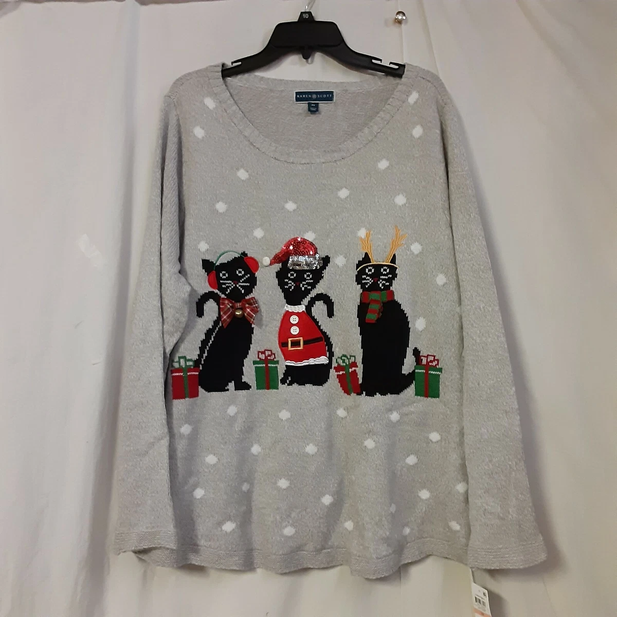 Christmas Sweater Karen Scott Cat Appliqu Holiday Macy s NWT Gray Multi