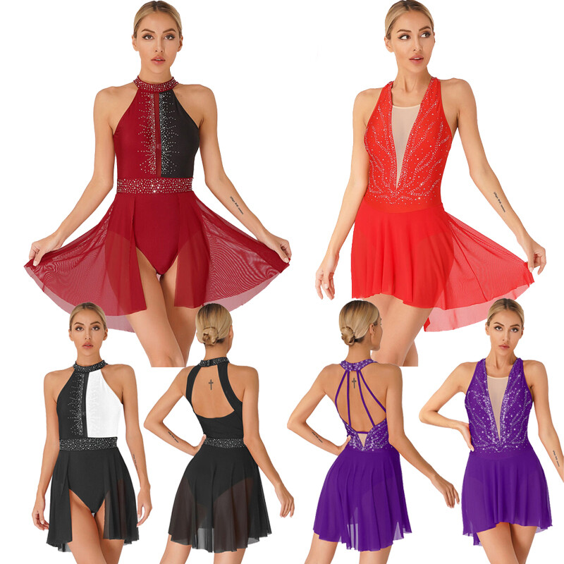 Women's Shiny Lyrical Ballet Dance Dress Backless Ice Skating Dress  Dancewear