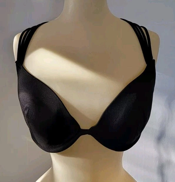 Sujetador pushup negro entrelazado con correas cruzadas 36C tela elástica cierre de hebilla Foto 2 de 4