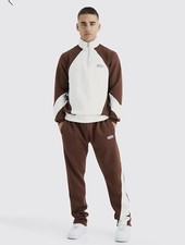 BOOHOO Man 1/4 ZIP FUNNEL NECK COLOUR BLOCK SWEATSHIRT TRACKSUIT - Medium - Choc