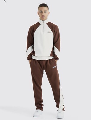 BOOHOO Man 1/4 ZIP FUNNEL NECK COLOUR BLOCK SWEATSHIRT TRACKSUIT Medium  Choc