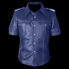 Mens Real Leather Short Sleeves Shirts Police Uniform Military Style BLUF Gay