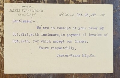 1897 Advertising Post Card St Louis Missouri Jackes Evans Manufacturing Company