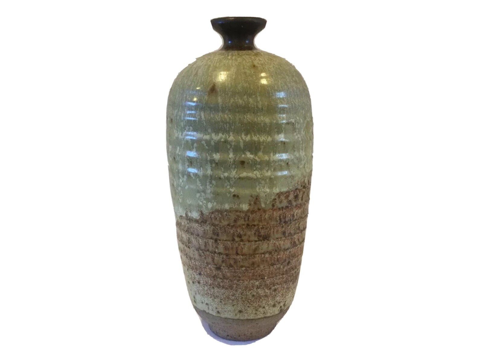 Tall ribbed ceramic vase with a mid-century glaze, signed by the studio potter.