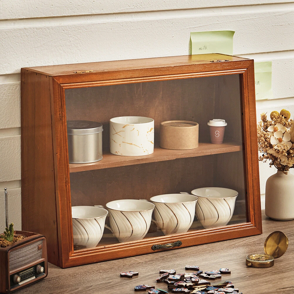 Wood Storage Cabinet Cosmetic Case Brown Display Shelf Cupboard Acrylic Door Box