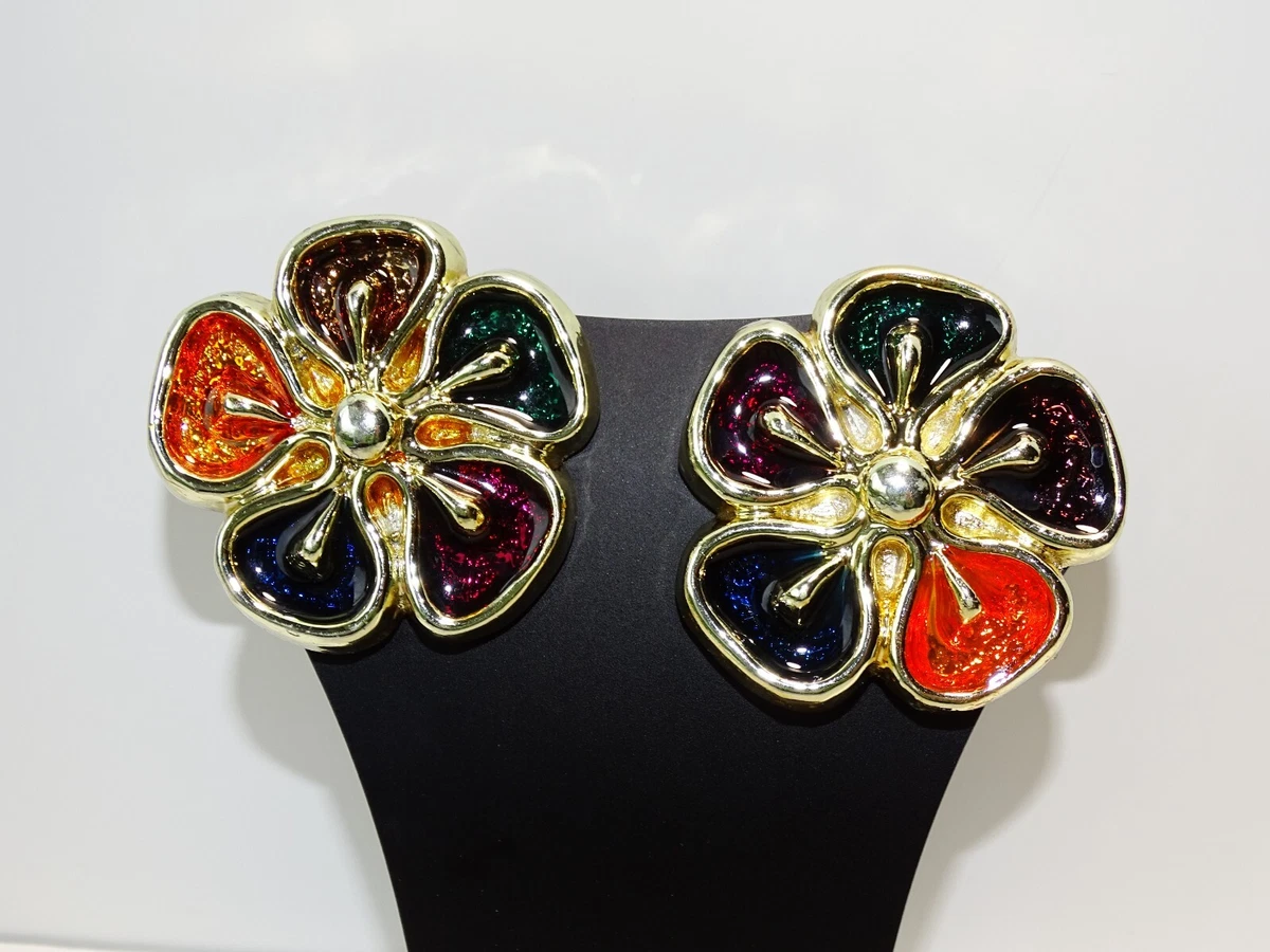 Boucles D'oreilles Vintage En Résine - Marque Vintage Couture, Plaqué Or 24 Carats, Occasion Très Bon état
