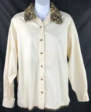 Vintage UltraClub twill Top L Ivory leopard fuzzy collar buttonup longsleeve Y2K
