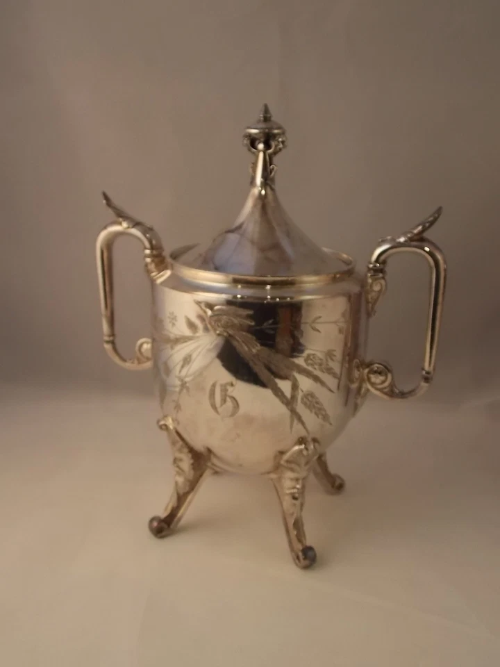 Juego de té de 5 piezas con plato de plata REED BARTON con campana de llamada de mayordomo RARA grabada G Foto 4 de 4