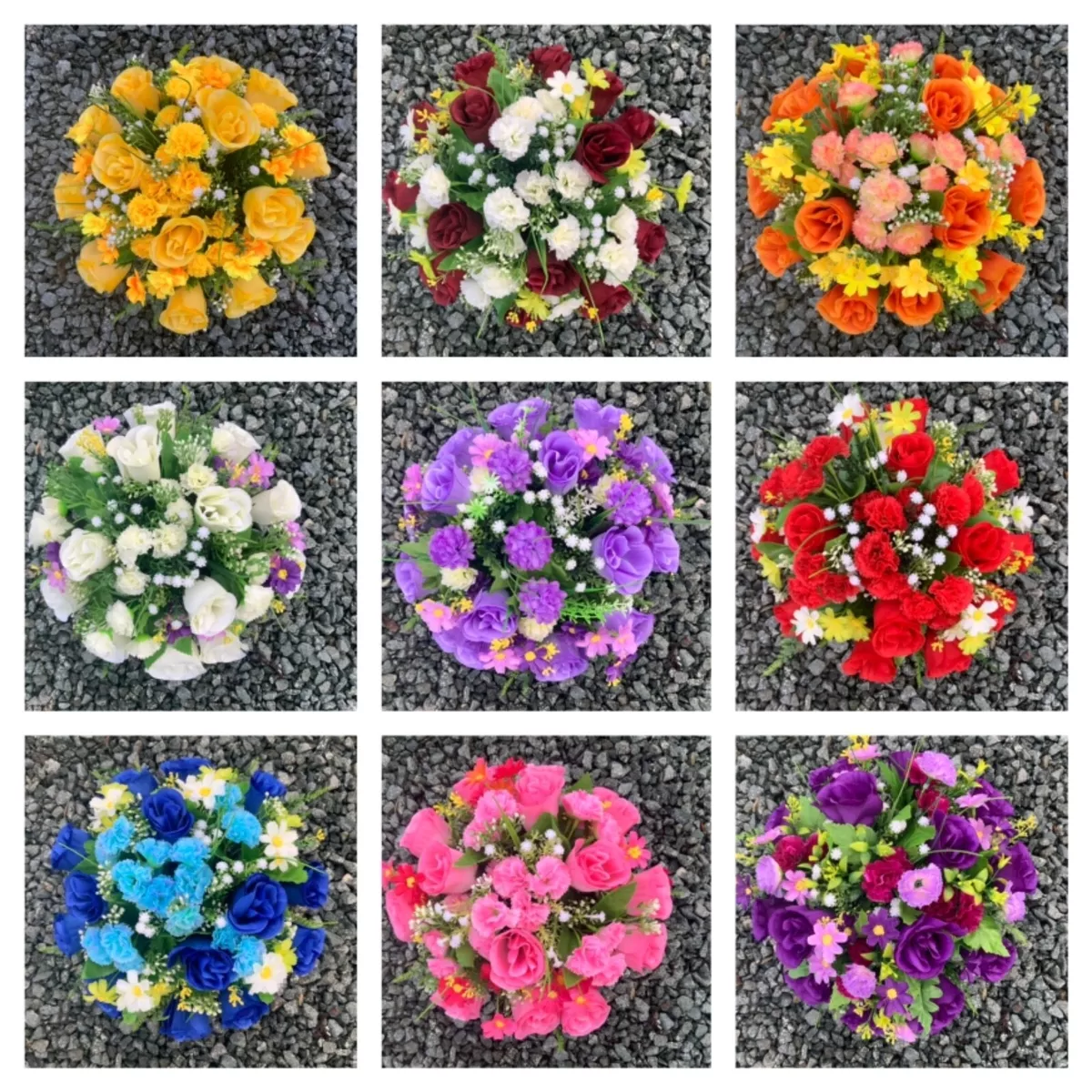 Artificial flower arrangements in grave memorial cemetery pots various colours