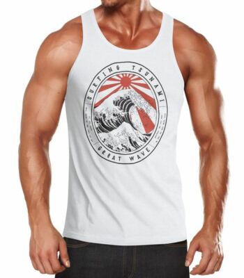 Herren Tank-Top Surfing Tsunami Great Wave Japan Vintage Retro Muskelshirt