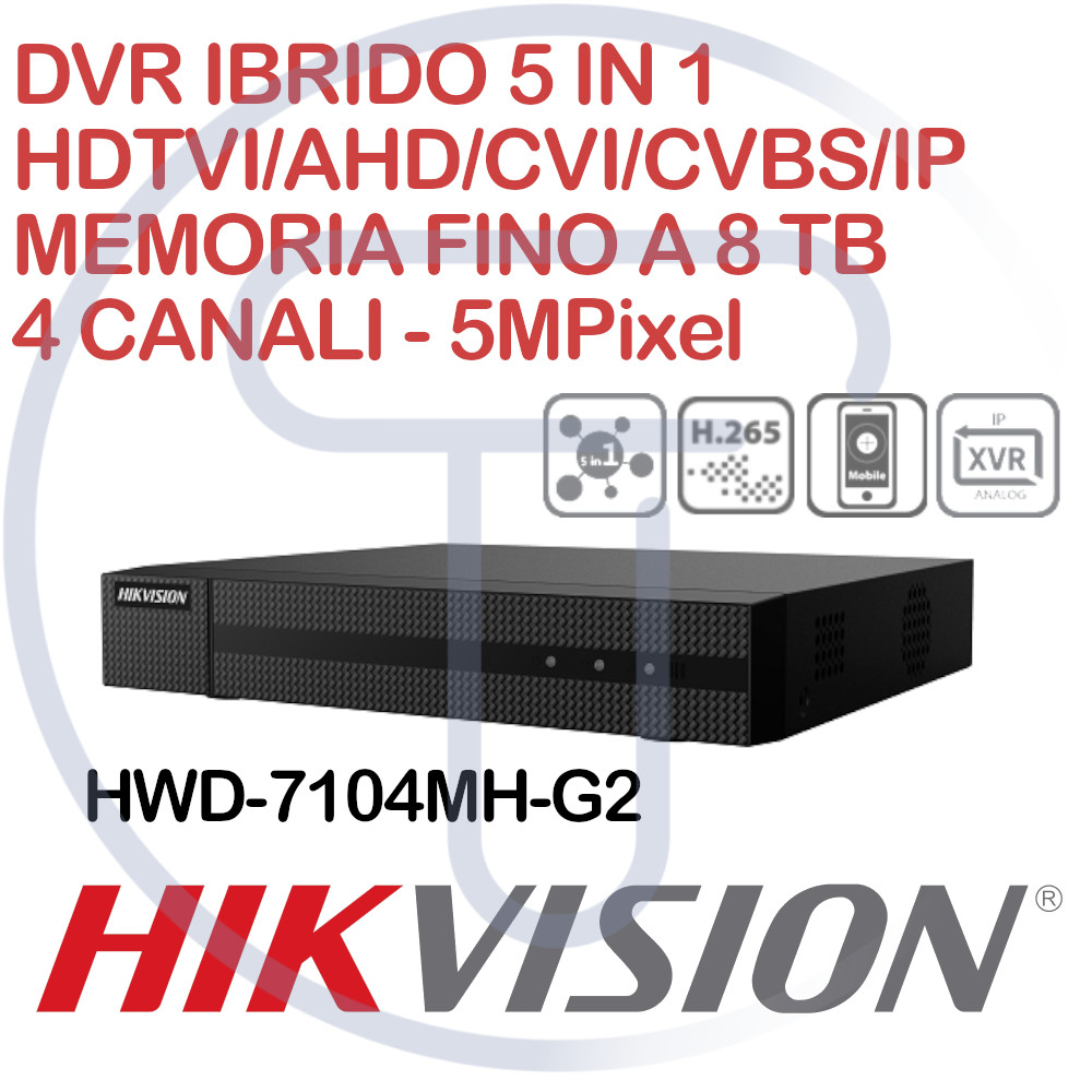 DVR 4 Canali Hikvision Hiwatch HWD-7104MH-G2 5MP H.265+ Cloud P2P