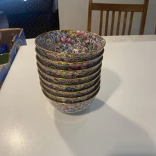 Hand Painted Porcelain Rice Bowl Decorated In Hong Kong Gold Guilt Floral Set 8