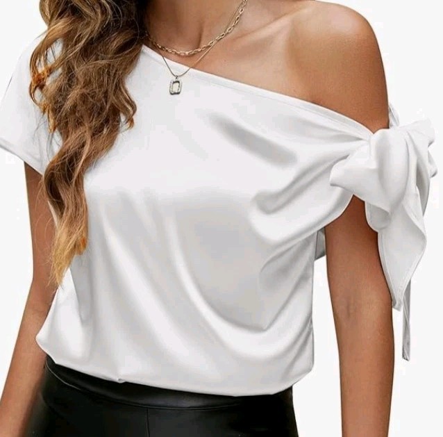 Vidussa Women's Off Shoulder White Shiny Silkie Satin Bow Top Blouse Large