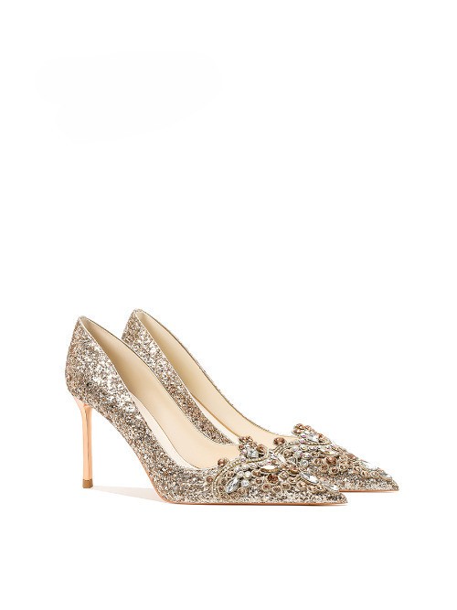 Diamond wedding shoes, women's shoes, crystal gold bridal shoes, slim heels