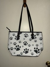 White Black Paw Print Shoulder Tote Bag Zip Closure Large Dog Theme Women