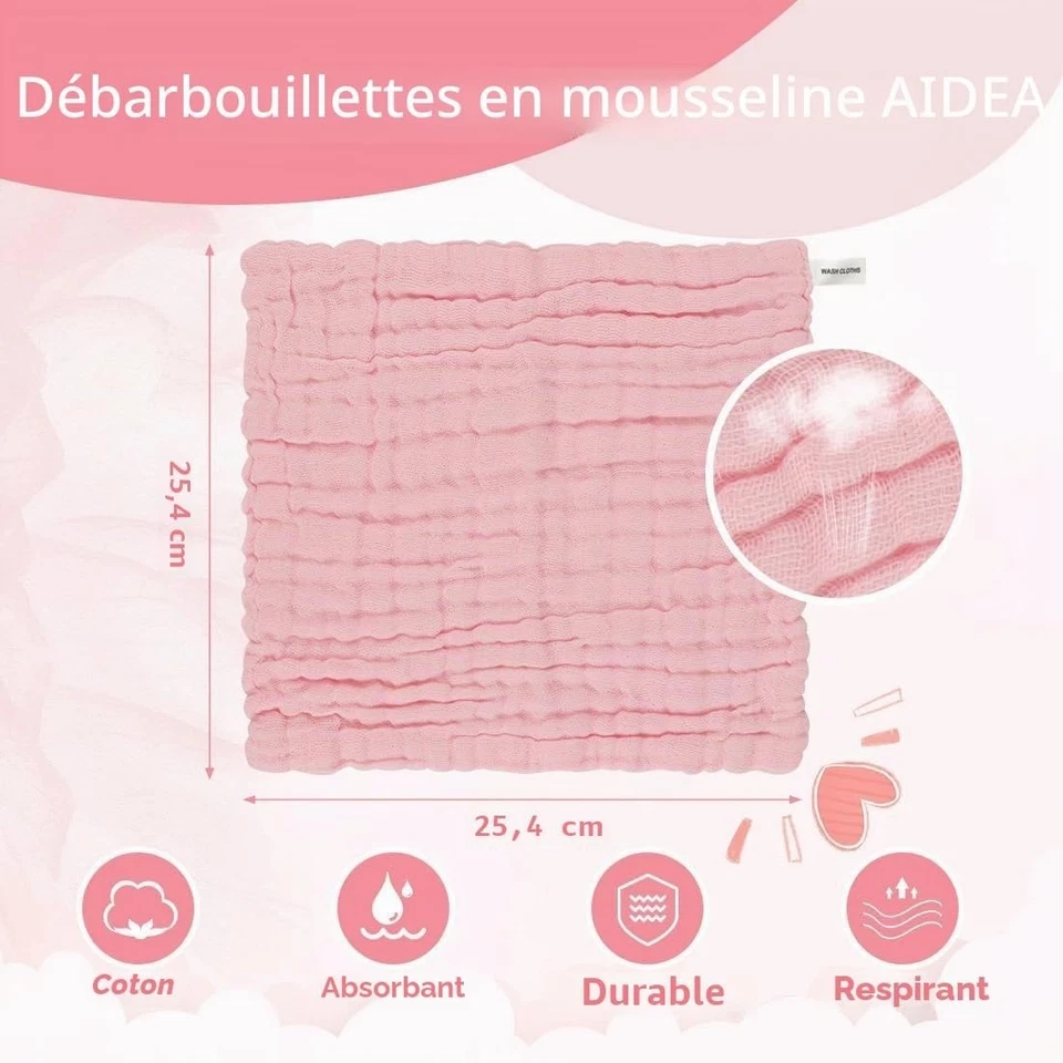Gants de toilette bébé AIDEA lot de 10 coton mousseline 25,4 cm - Photo 3/4