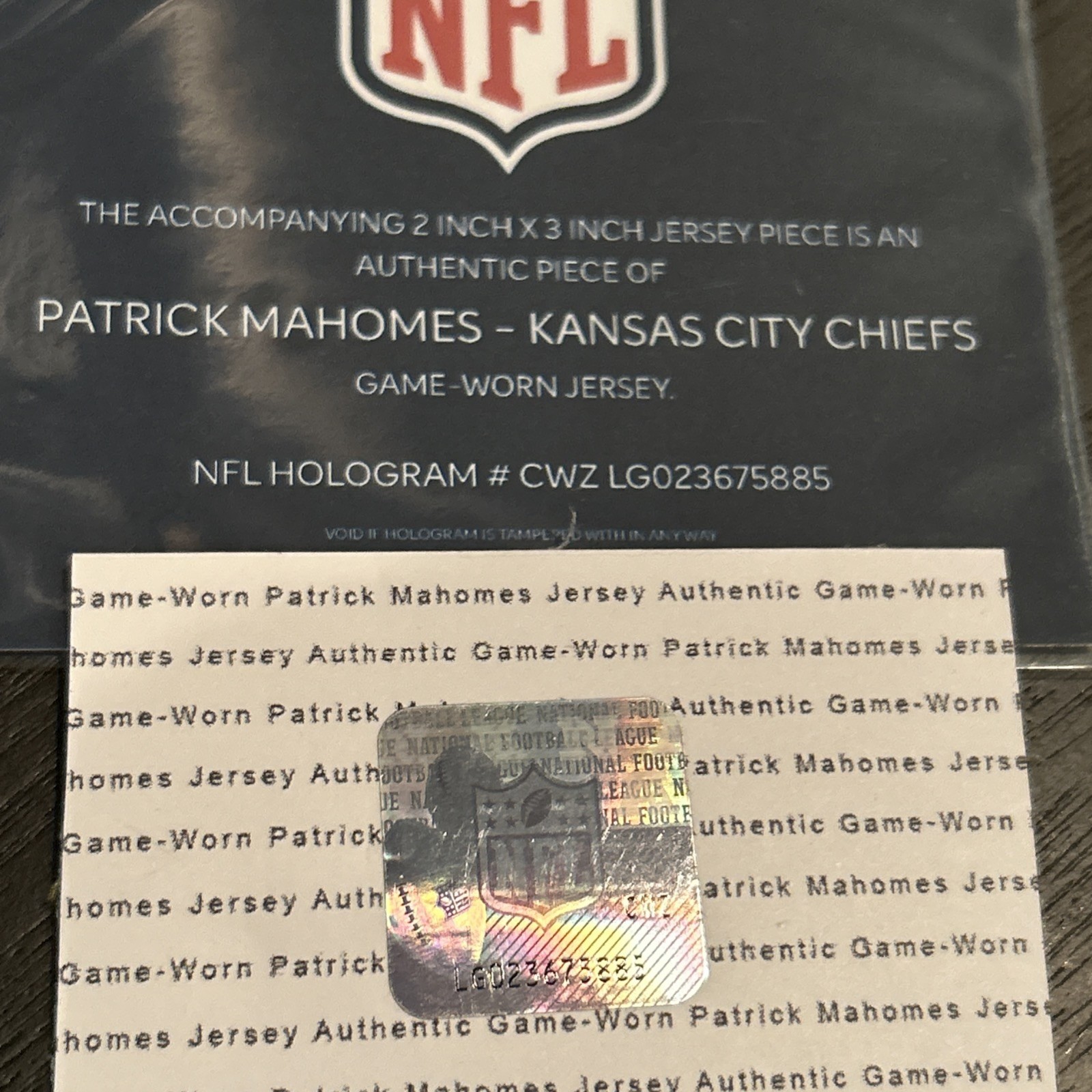 Mahomes Game Used KC Chiefs patch !  Rare !  Piece of #.  NFL hologram cert # view 4