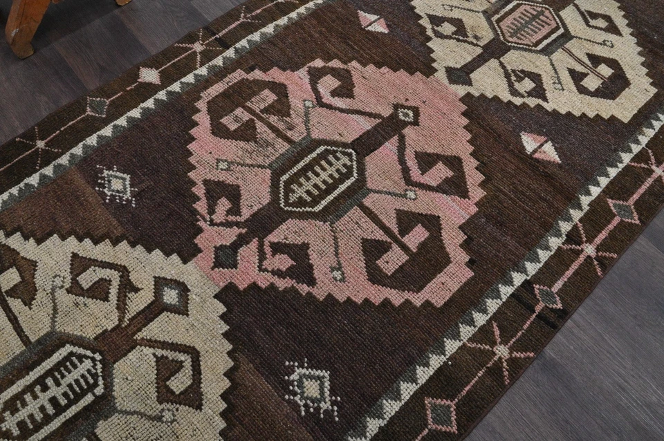 Alfombra de corredor turca vintage 3x8 pies lana anatolia hecha a mano pasillo Oushak MARRÓN Foto 3 de 4