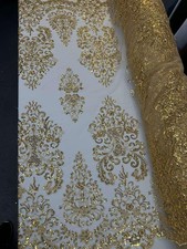 Gold Beaded Lace Fabric Embroidered Tulle Sequins Bridal Couture Fabric