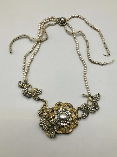 Vintage Miriam Haskell Pearl And Brass Necklace Signed AS IS