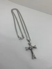14k White Gold 0.30ct Lab Grown Diamond 1” Cross Pendant 18” 3.11mm Cuban Chain