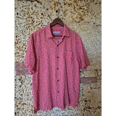 Tommy Bahama 100% Silk Camp Shirt Mens Large Pink Geometric Hawaiian Aloha