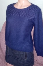 Angora wool thick knit sweater, PS, round neck, embroidered, blue