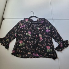 90s Y2K Whimsigoth Fairy Grunge Blouse Womens Large Black Floral Sheer Ruffle