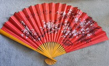 Large Vintage Asian Folding Wall Fan 35'' x 55" Red W/ White Cherry Blossom