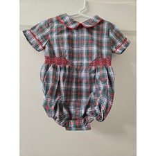 The Beaufort Bonnet Company Holiday Plaid Smocked Bubble Romper 18-24M Red Green