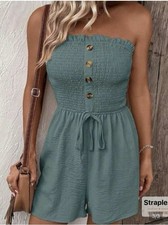 Strapless Green Romper with Button Front, Drawstring Waist, Ruffle Accents