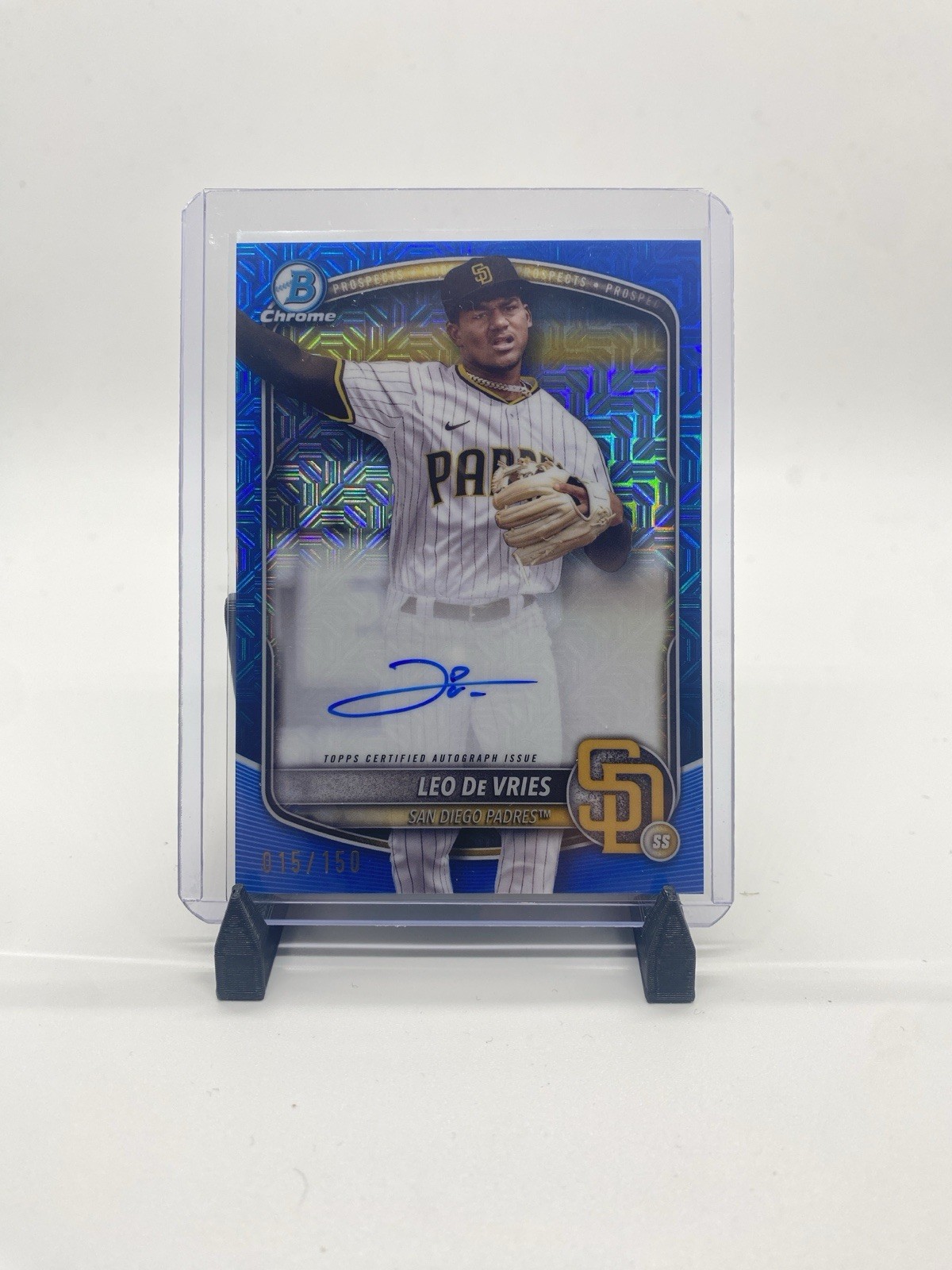 2025 Bowman Chrome Prospect Leo De Vries, Blue Mojo Refractor Auto /150, #BMA-LD